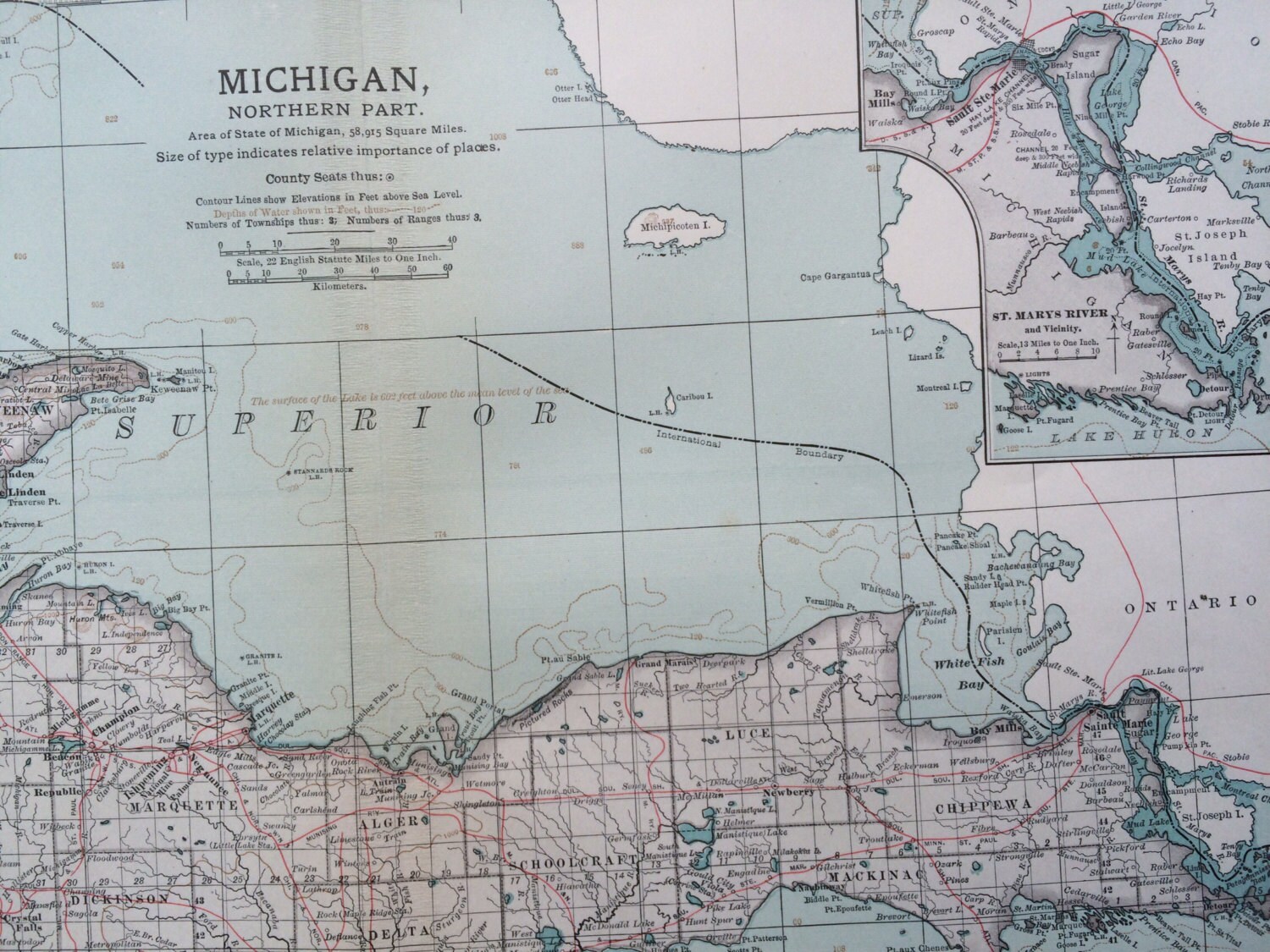 1903 North Michigan Original Antique Map with Inset map of St Mary's