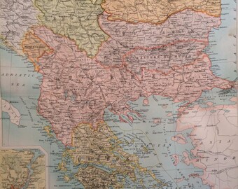 1898 BALKANS & TURKEY Large Original Antique Map, 14 x 18.5 inches, historical wall decor, Bartholomew map, Home Decor, Cartography