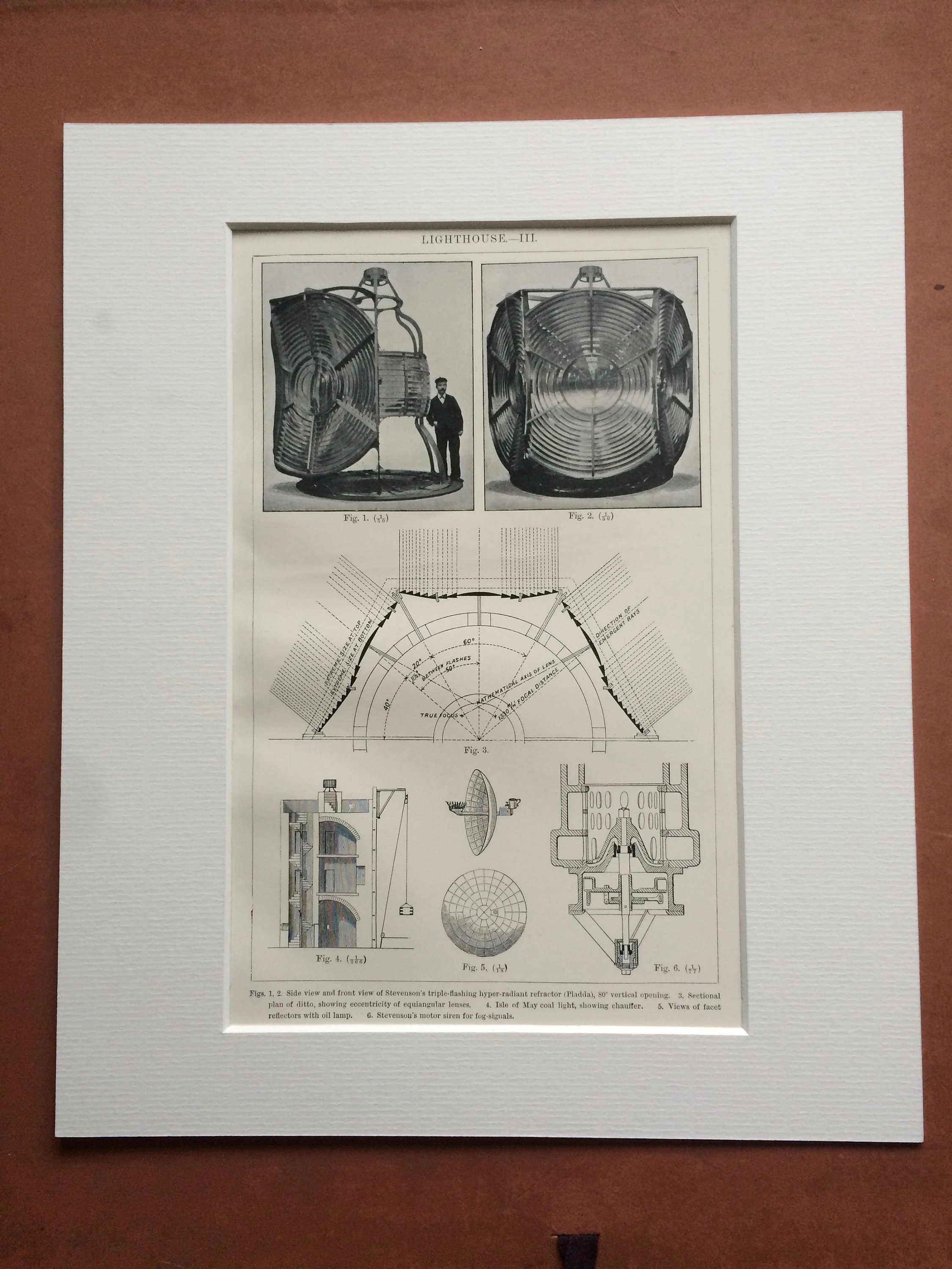 1905 Lighthouse Diagram Original Antique Print, 10 x 12 inches Matted