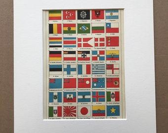 1924 Flags Original Antique Lithograph - Mounted and Matted - Vexillology - Vintage Wall Decor - Available Framed