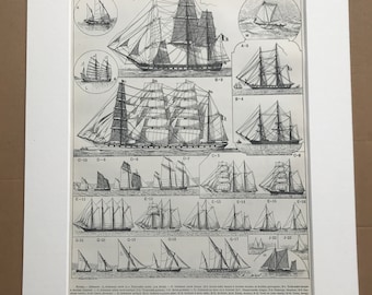 1897 Sailing Ships Original Antique Print - Military Decor - Nautical Art - Mounted and Matted - Available Framed