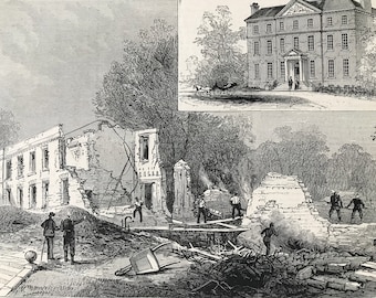 1883 Scene of the Disastrous Fire at the Private Lunatic Asylum at Southall Original Antique Print - Mounted and Matted - Available Framed