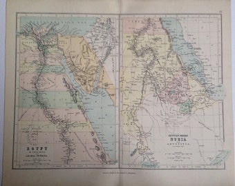 1887 Middle East original antique map, colour, historical, vintage, Nubia, Sudan, Egypt, Abyssinia, Arabia Petraea