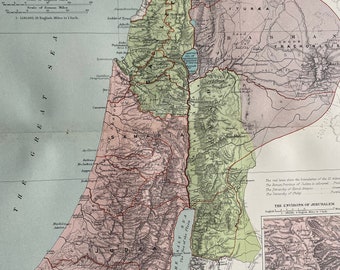 1906 The Holy Land Original Antique Map - Palestine - Israel - Inset map of Jerusalem - Wall Map - Vintage Wall Decor - Geography