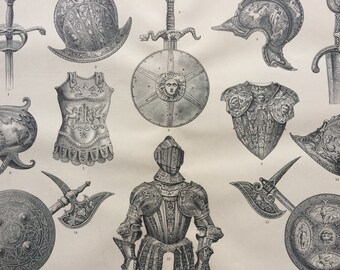 1897 Armour and Weapons Original Antique Print - Available Framed - Military Decor - Uniform - Vintage Wall Decor
