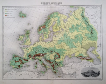 1892 Europe (Physical) Original Antique Map, Nouvel Atlas Illustre, French atlas map, Geography, Cartography, Historical Map