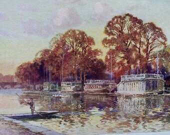 1910 Oxford - The College Barges and Folly Bridge Original Antique Print - Oxfordshire - Mounted and Matted - Available Framed
