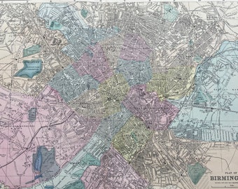 1902 Birmingham Original Antique Map - Large Wall Map - City Plan - England