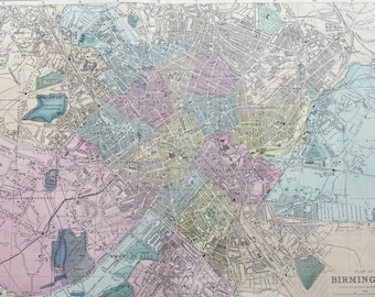 1902 Birmingham Original Antique Map - Large Wall Map - City Plan - England