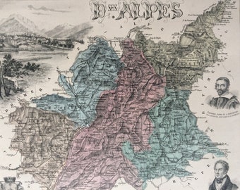 1890 D ses Alpes  Original Antique Map - Department of France - Inset Steel Engraving - Decorative Art - Available Framed - Wall Decor