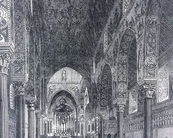 1862 Original Antique Engraving - The Chapel Royal, Palermo, Italy - Victorian Wall Decor - Architecture - Church - Available Framed