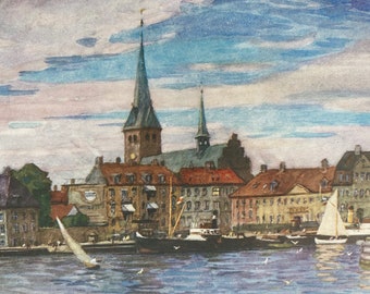 1928 Denmark - Helsingor, the 'Elsinore' of Shakespeare Original Antique Print - Mounted and Matted - Available Framed