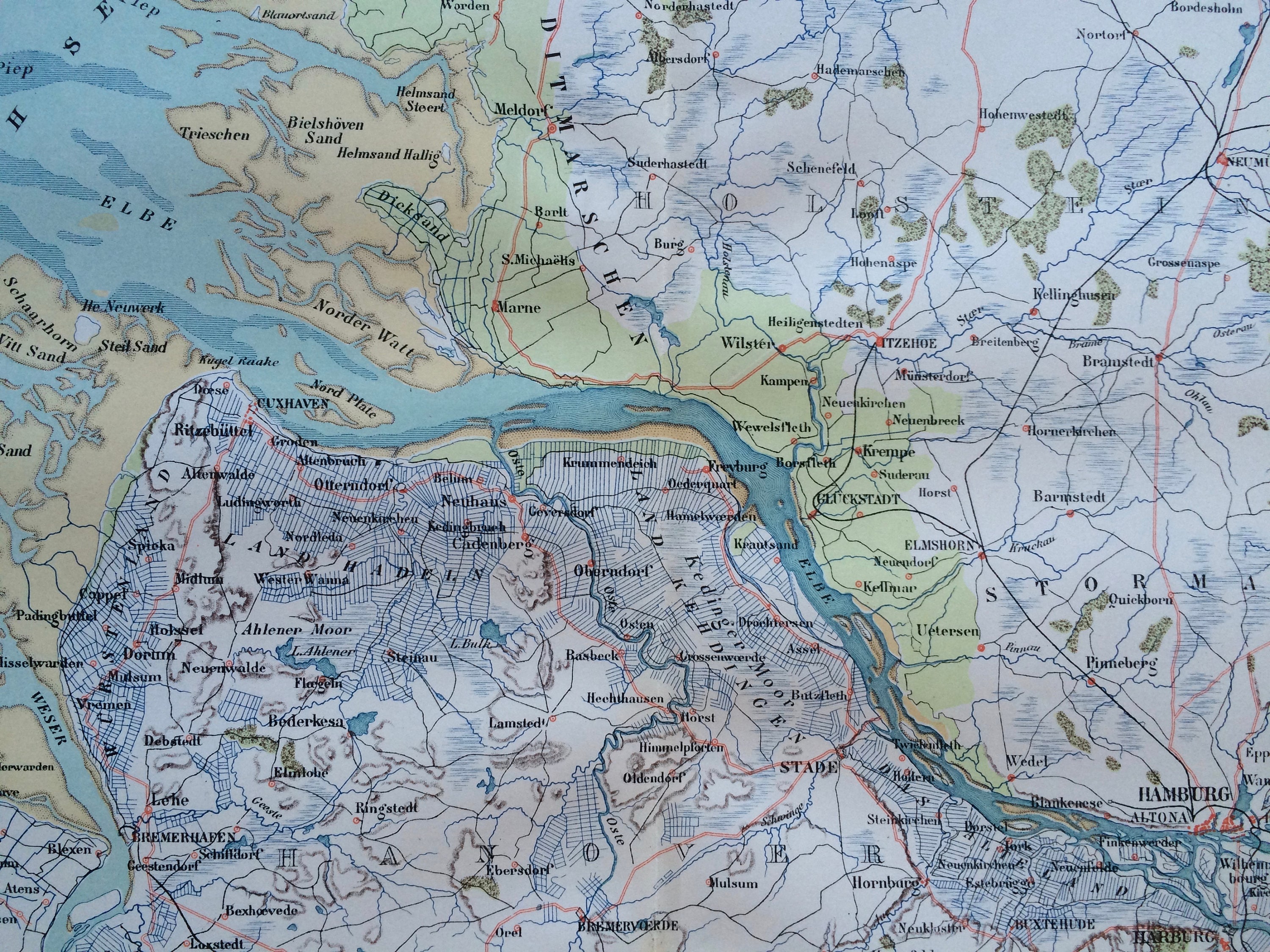 1895 Hamburg and the Estuary of the Elbe Original Antique Map - North 1895 Hamburg and the Estuary of the Elbe Original Antique Map - North