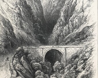 1876 Pont D'Arouet - Les Ormonds Original Antique Wood Engraving - Mounted and Matted - Switzerland - Landscape - Available Framed
