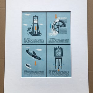 May include: A framed print featuring four illustrations with text. The images depict a pile driver, water wheel, glider, and pendulum clock, all against a light blue background. The print is mounted on a white mat.