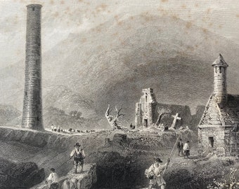 1840 Round Tower & Co. Glendalough, Wicklow Original Antique Engraving - Landscape Scenery - Ireland - Mounted and Matted - Available Framed