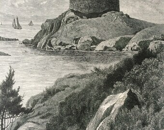 1895 Old Fort Dumpling, Newport, Rhode Island Original Antique Wood Engraving - Mounted and Matted - Decorative Art - Available Framed
