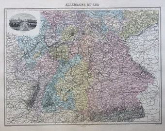 1892 South Germany Original Antique Map, Nouvel Atlas Illustre, French atlas map, Geography, Cartography, Historical Map