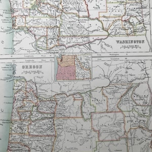 Grande carte noire originale de l'État de Washington et de l'Oregon, A & C, 1898 - WA - OU - État des États-Unis - Déco murale victorienne - Idée cadeau de mariage