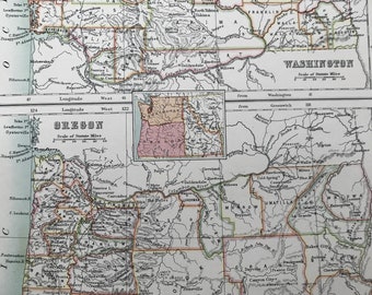 1898 Washington and Oregon Large Original Antique A & C Black Map - WA - OR - US State - Victorian Wall Decor - Wedding Gift Idea