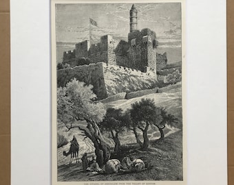 1880 The Citadel of Jerusalem from the Valley of Hinnom Original Antique Engraving - Mounted and Matted - Available Framed - Palestine