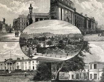 1900 Views in Dublin Original Antique Print - Ireland - Trinity College, College Green - Mounted and Matted - Available Framed