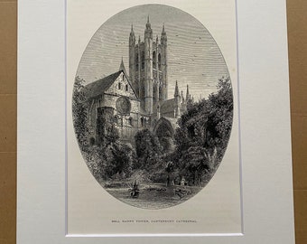 1876 Canterbury Cathedral, Bell Harry Tower Original Antique Wood Engraving - Mounted and Matted - Canterbury Kent - Available Framed
