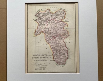 1840 Kings County, Queens County & Kilkenny Original Antique Map - Ireland - Mounted and Matted - Available Framed