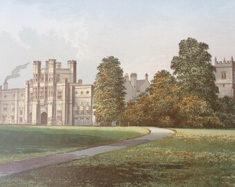 1870 Coughton Court Original Antique Lithograph - Decorative Wall Art - Castle - Manor House - Nobility - Architecture - England