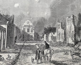 1864 The War in Denmark - The Town of Sonderburg in Ruins after the Bombardment Original Antique Print - Available Framed