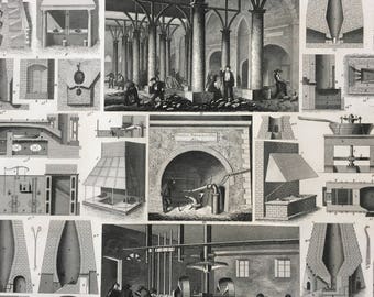 1849 Furnace Engineering Diagram Large Original Antique Print - Mounted and Matted - Available Framed - Victorian Technology - Factory