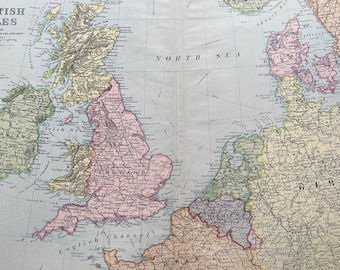 1902 British Isles showing Connections with the Continent Original Antique Map - Large Wall Map - England