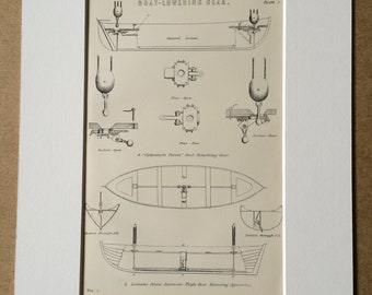 1891 Boat Lowering Gear Original Antique Encyclopaedia Illustration - Life Boat - Lifeguard Gift - Available Mounted, Matted and Framed