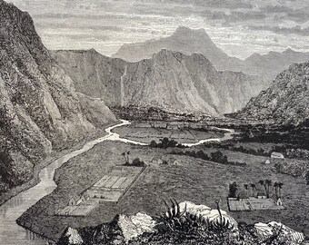 1880 View of the Valley of Waipio, in Hawaii, Sandwich Islands Original Antique Print - Mounted and Matted - Available Framed
