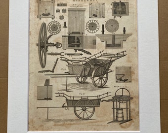 1806 Agricultural Implements Original Antique Engraving - Turnip Drill - Hoe - Encyclopaedia - Mounted and Matted - Available Framed