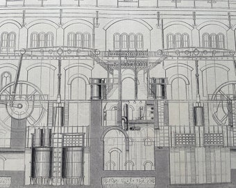 1864 The Metropolitan Main Drainage Works - Machinery for lifting the Sewage Original Antique Print - Available Framed