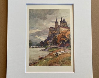 1931 Austria - Melk Original Antique Print - Mounted and Matted - Available Framed
