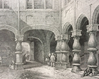 1876 Courtyard of the Archbishops Palace, Liege Original Antique Steel Engraving - Belgium - Mounted and Matted - Available Framed