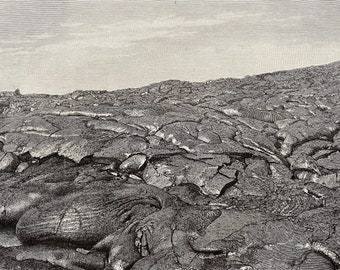1883 Pahoehoe - Mauna Loa Original Antique Print - Volcano - Hawaii - Geological Survey - Mounted and Matted - Available Framed