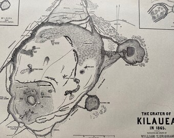 1883 The Crater of Kilauea in 1865 Original Antique Print - Hawaii - Geological Survey - Mounted and Matted - Available Framed
