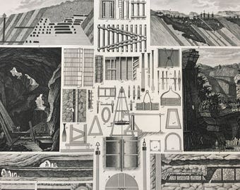 1849 Mining Equipment and Engineering Diagram Large Original Antique Print - Mounted and Matted - Victorian Technology - Available Framed