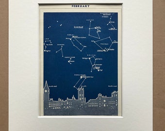 1940s February Star Map seen over London Original Vintage Print - Mounted and Matted - Astronomy - Celestial Art - Available Framed