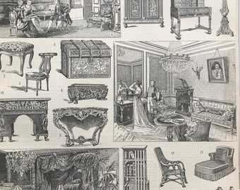 1897 Furniture Styles Original Antique Print - Bureau - Cabinet - Chair - Chaise Lounge - Mounted and Matted - Available Framed