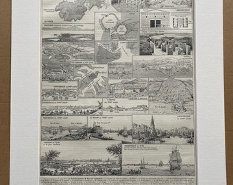 1897 Ancient Ports Original Antique Print - Navy - Nautical Decor - Mounted and Matted - Available Framed