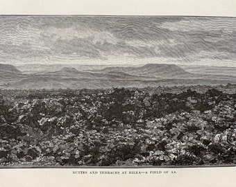 1883 Buttes and Terraces at Hilea - A Field of AA Original Antique Print - Volcano - Hawaii - Volcanology - Geological Survey