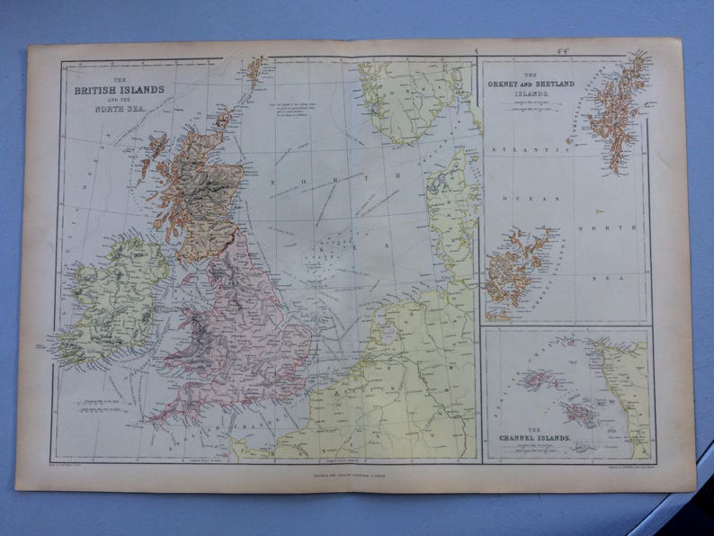 1882 the British Islands and the North Sea Large Original Antique Map ...