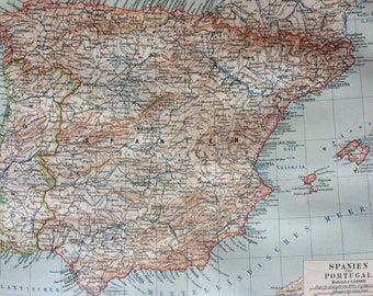 1897 Spain & Portugal Original Antique Map - Available Framed - Cartography - Vintage Map