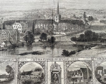 1864 Stratford Upon Avon - Shakespeare Commemoration Original Antique Engraving - Available Framed