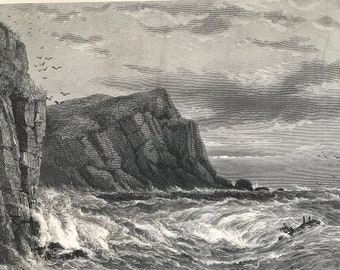 1876 Rocks at Ilfracombe, Devon Original Antique Wood Engraving - Mounted and Matted - Seascape - English Landscape - Available Framed