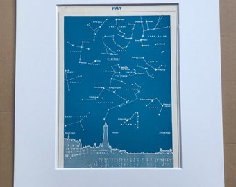 1940s July Star Map seen over Blackpool Original Vintage Print - Mounted and Matted - Astronomy - Celestial Art - Available Framed